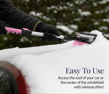 39" Extendable Snow Brush with Squeegee & Ice Scraper - 270° Pivot, Pink