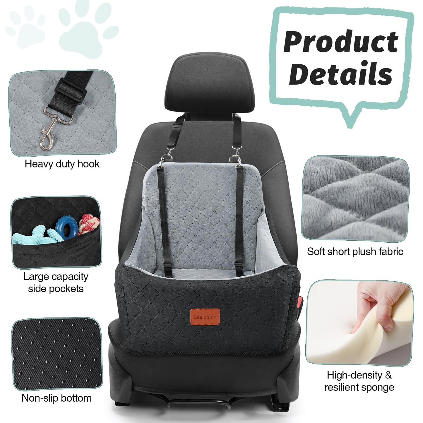 Dog Booster Car Seat for Medium Dogs Up to 40lbs Pets with 2 Clip-On Leashes