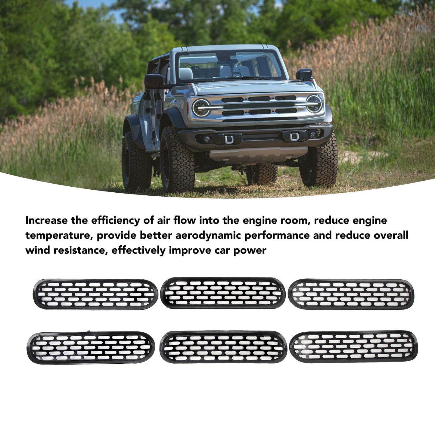 Bronco Front Grille Inserts Trim, Black ABS Mesh Cover