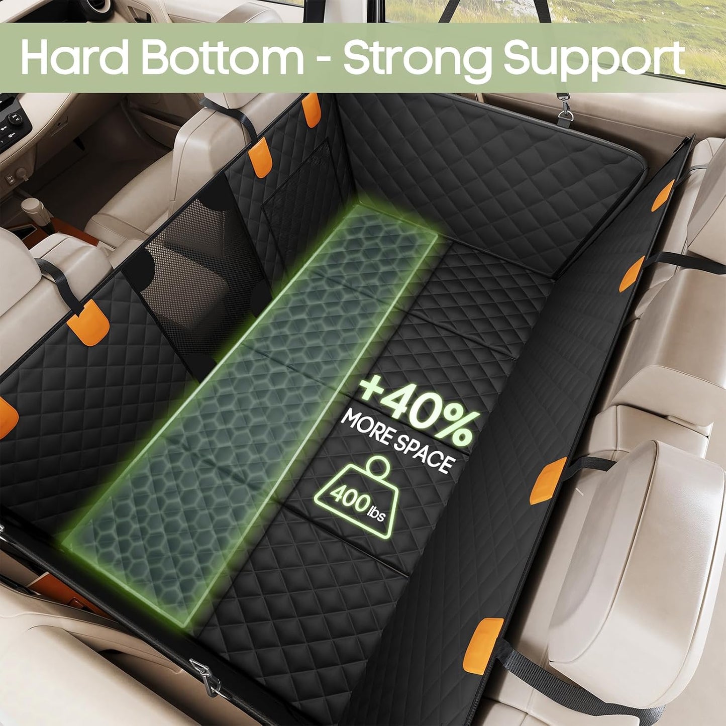 400 lb Hard-Bottom Dog Hammock - Waterproof, Mesh Window for Car/SUV