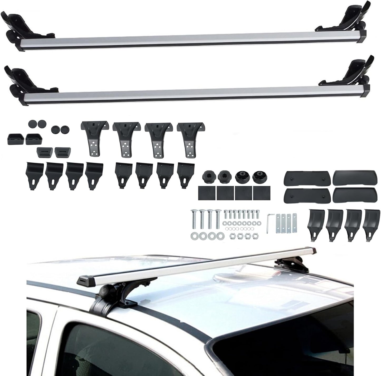 48" Universal Roof Rack Cross Bars with 3 Clamp Types - Silver Aluminum