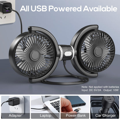 Dual Head USB Car Fan for Backseat, 3-Speed Circulation Cooling
