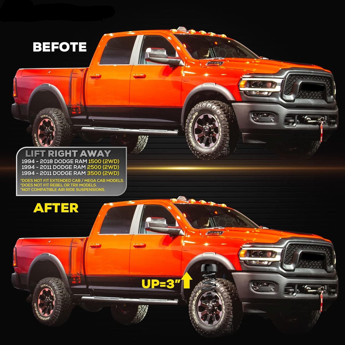 3" Front PU Leveling Spacers for 1994-2018 Ram 1500 2WD & 1994-2011 Ram 2500/3500 2WD (2-PCS)