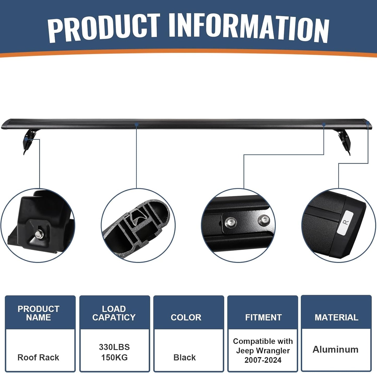 330 lb Roof Rack Cross Bars for 2007-2026 Jeep Wrangler & Gladiator - Aluminum (2/4-Door)
