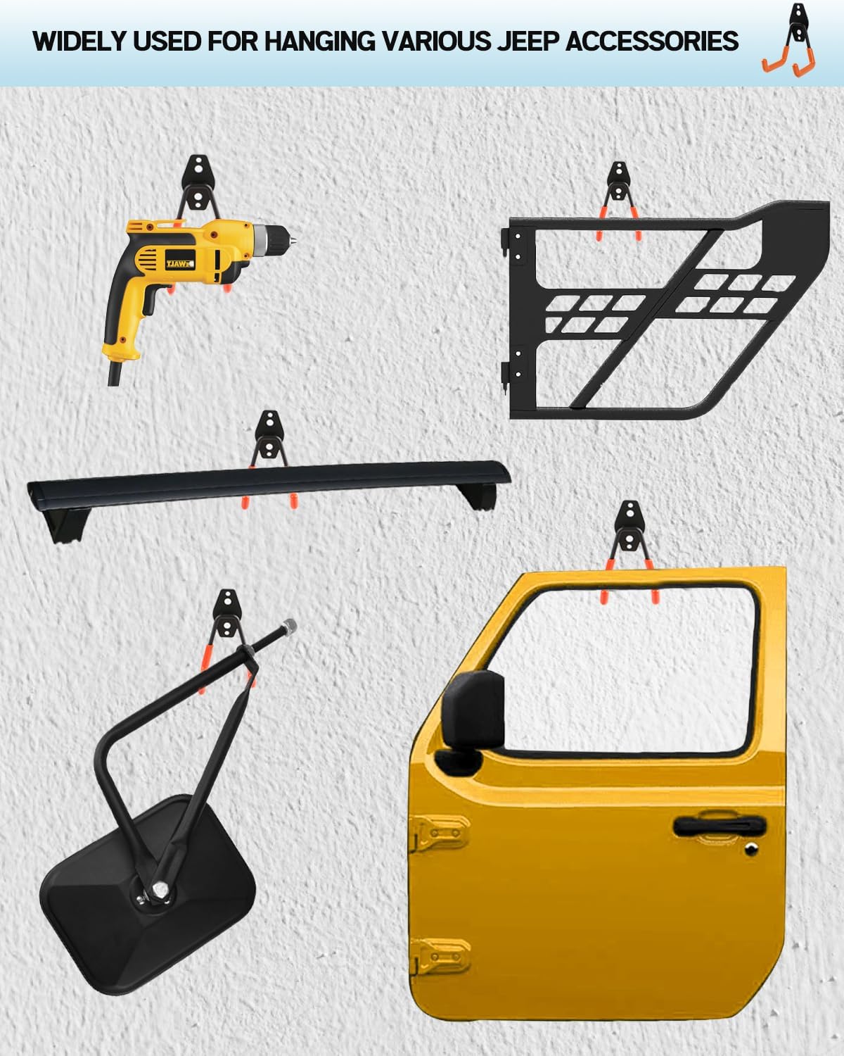 Heavy-Duty Door Storage Hangers (4-PCS) for 1956-2025 Jeep Wrangler & Gladiator - Wall Mount