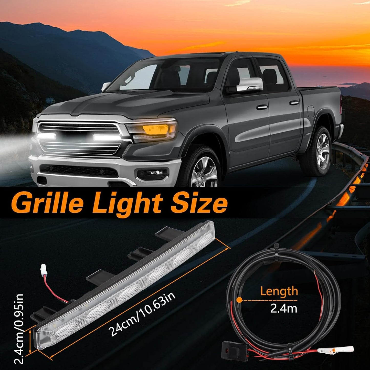 FUSCH Pair of LED Front Grille Lights Compatible with 2019-2024 Dodge Ram 1500, Waterproof Exterior Grille Trim Lamp with Wiring Harness Kit, Radiator Grille Light Fit for Big Horn Laramie Tradesman