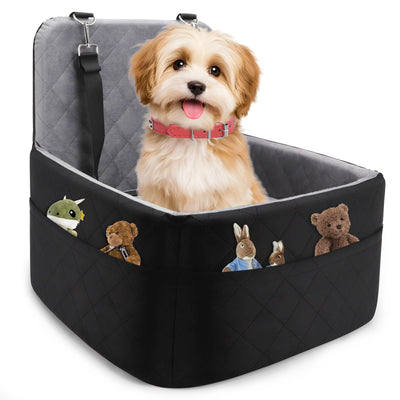 Elevated Dog Booster Seat (15-35 lbs) - Soft 4+2" Pads, Removable Cover, Safety Belt, Storage Pockets