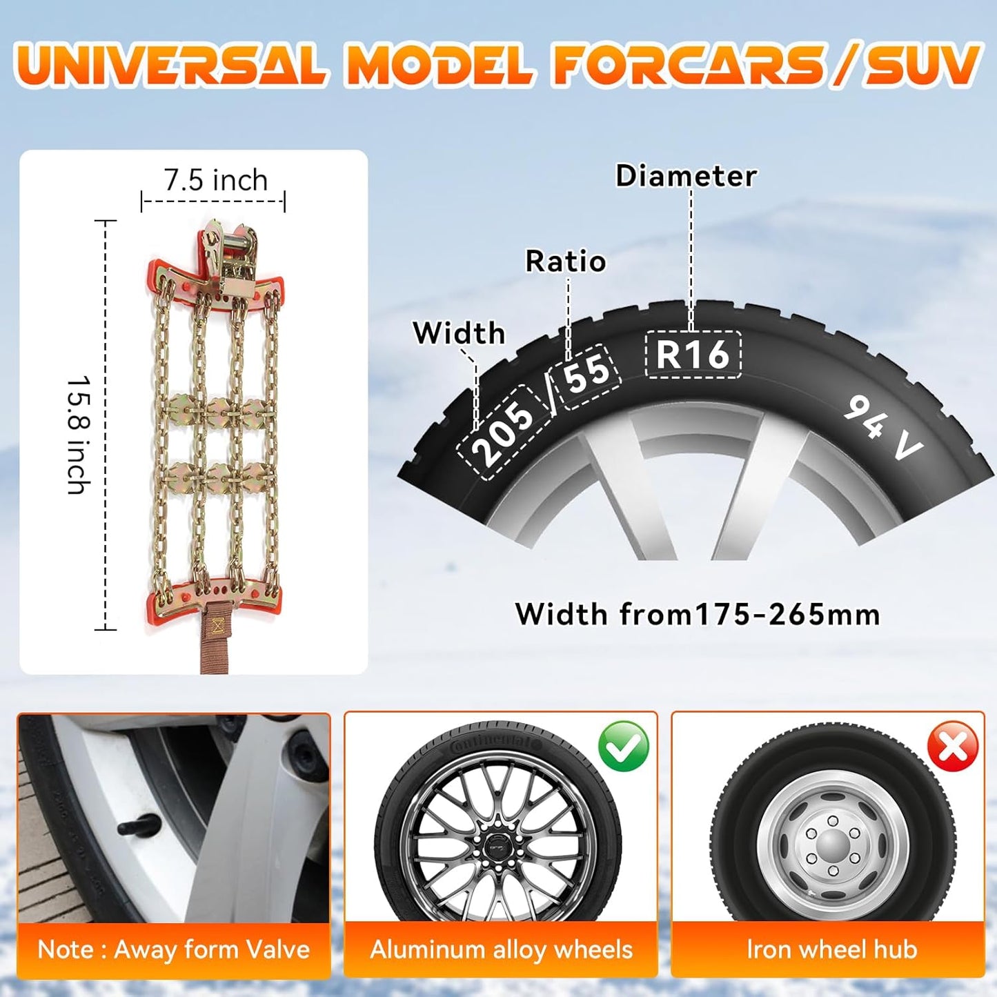 Universal Adjustable Snow Chains (6-Pack) - Fit Tire Width 175-265mm