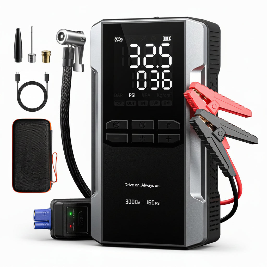 3000A Jump Starter & Air Compressor - 59.2Wh, 160PSI, 65W Fast Charge for 8L Gas/6L Diesel
