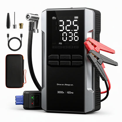 3000A Jump Starter & Air Compressor - 59.2Wh, 160PSI, 65W Fast Charge for 8L Gas/6L Diesel