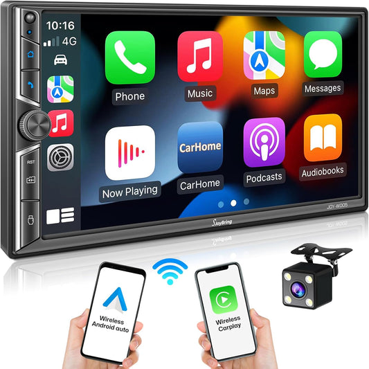 [Upgrade Wireless]Double Din Car Radio with Wireless Apple CarPlay and Android Auto, Bluetooth, Phone Mirror Link - OHMU