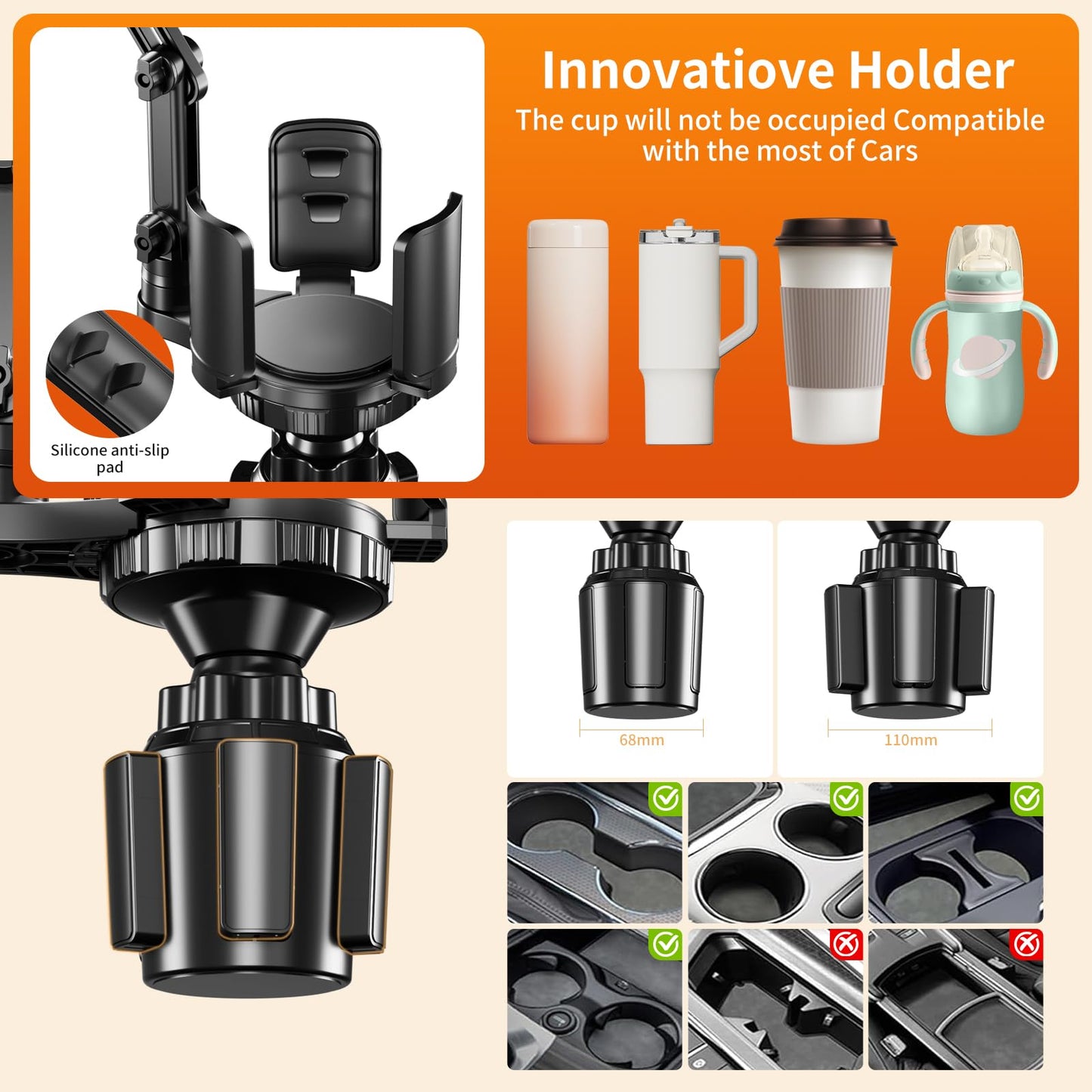 2-in-1 Cup Holder Phone Mount with Expander - Adjustable Arm/360° Rotation for 4-7" Phones & 5.31" Bottles
