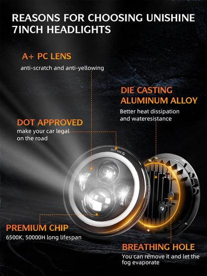 2PCS Black 7" LED Headlights - DOT Approved, H6024 Fit with DRL & Signals