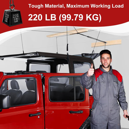 Hardtop Anti-Fall Removal Lift for Jeep Wrangler JL, JK, TJ, and Other Models with Hardtops | Idle Items, Kayak & Attic Hoist | Supports 8-16 ft Ceilings, Comes with 6 T-Knobs (Red)