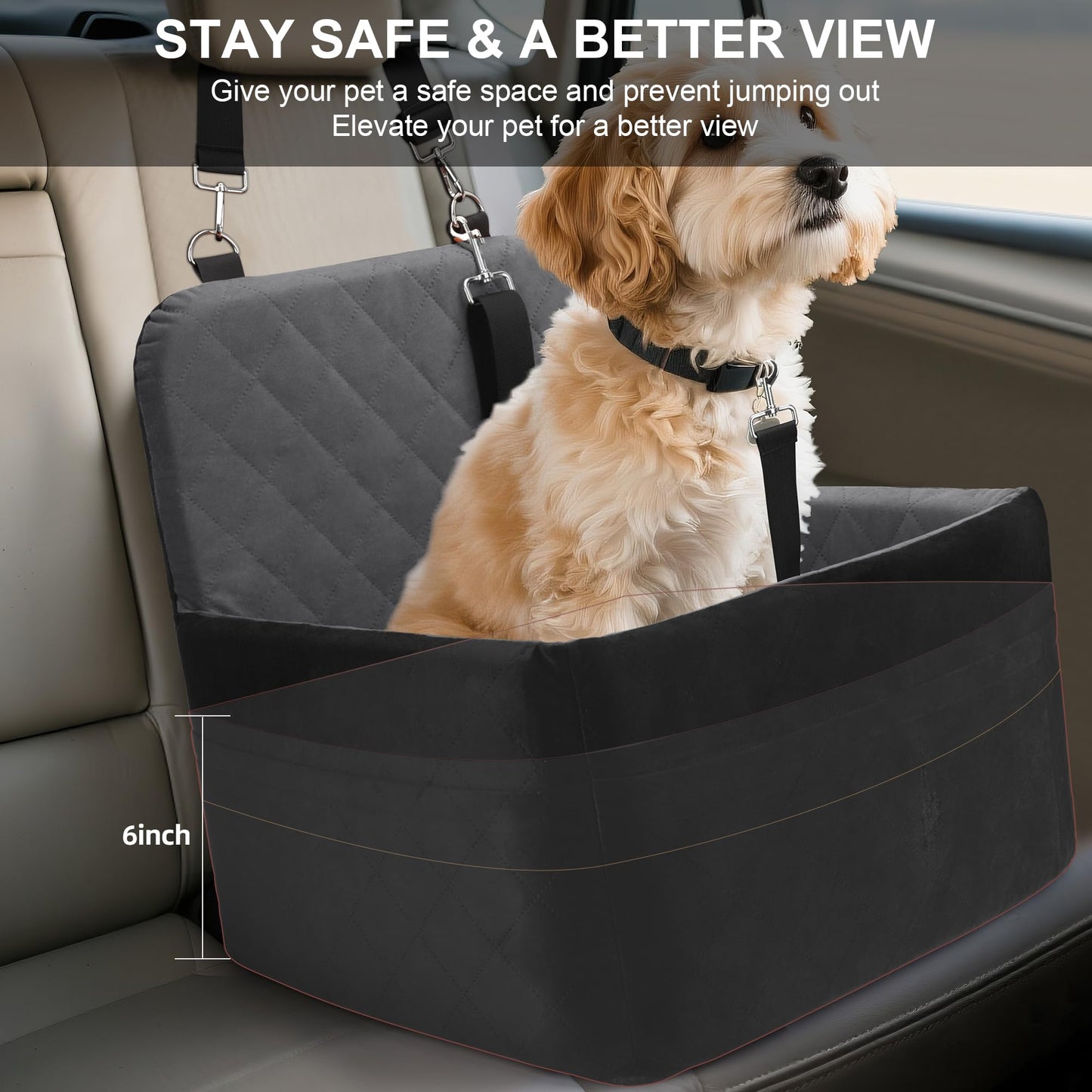 Elevated Dog Booster Seat (15-35 lbs) - Soft 4+2" Pads, Removable Cover, Safety Belt, Storage Pockets