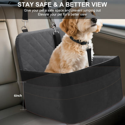 Elevated Dog Booster Seat (15-35 lbs) - Soft 4+2" Pads, Removable Cover, Safety Belt, Storage Pockets