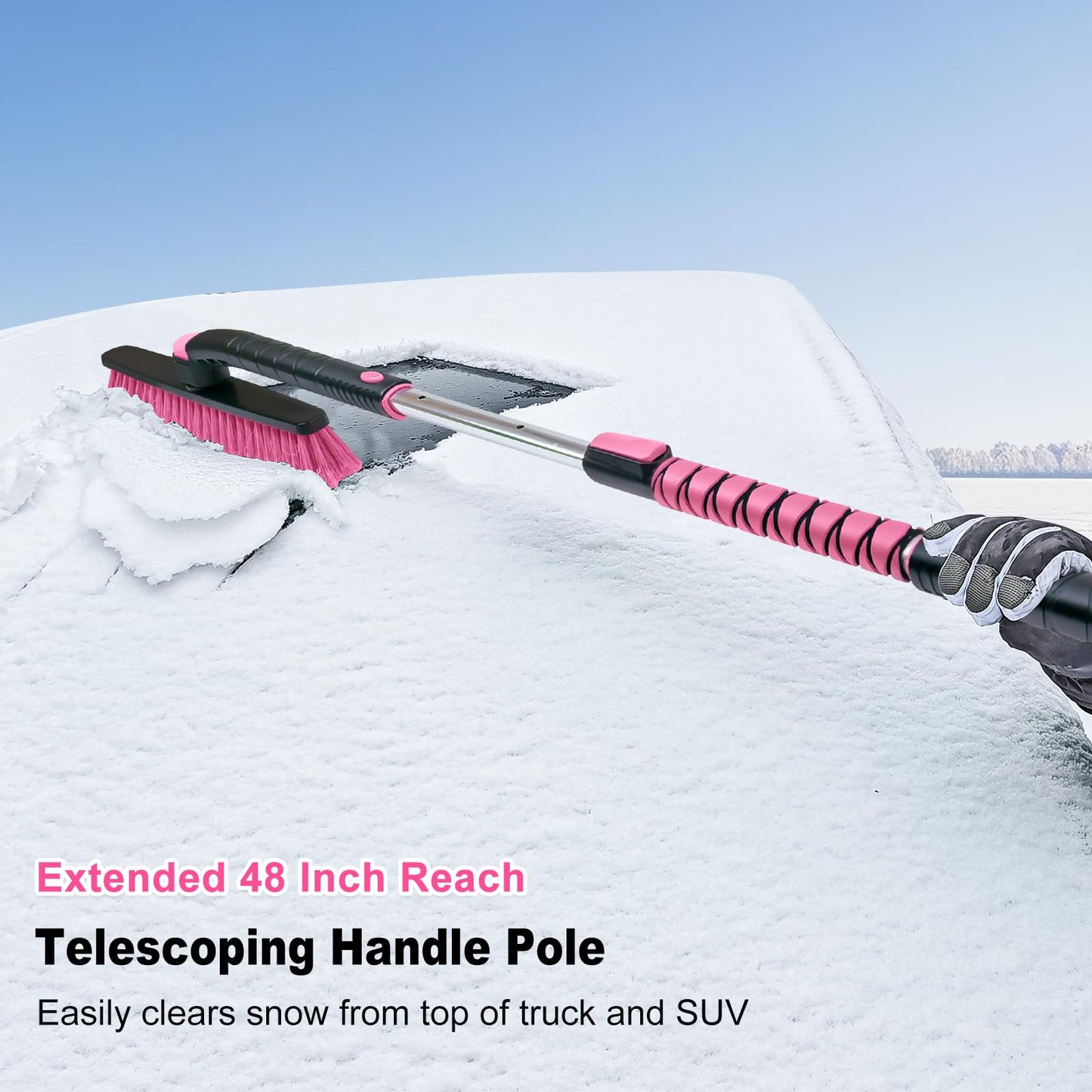 48" Extendable Snow Brush with 360° Pivoting Head - Pink (Fits SUV/Truck)