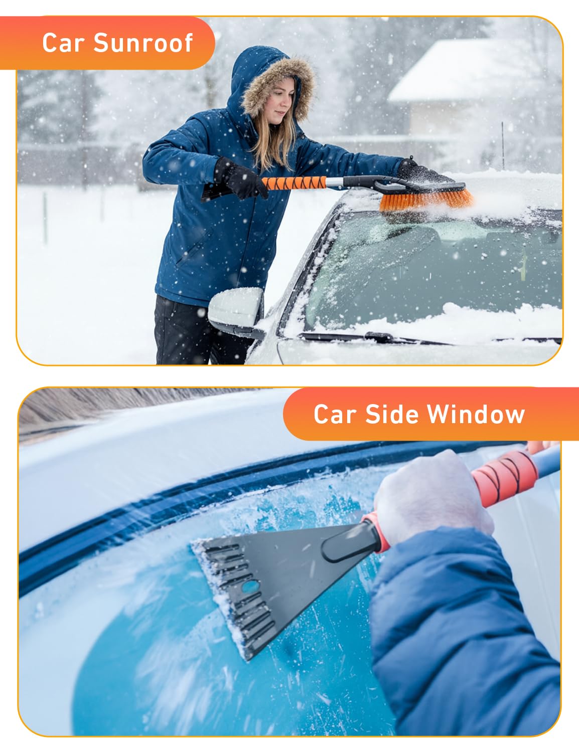 27" Aluminum Ice Scraper & Snow Brush with Ergonomic Grip (Orange)