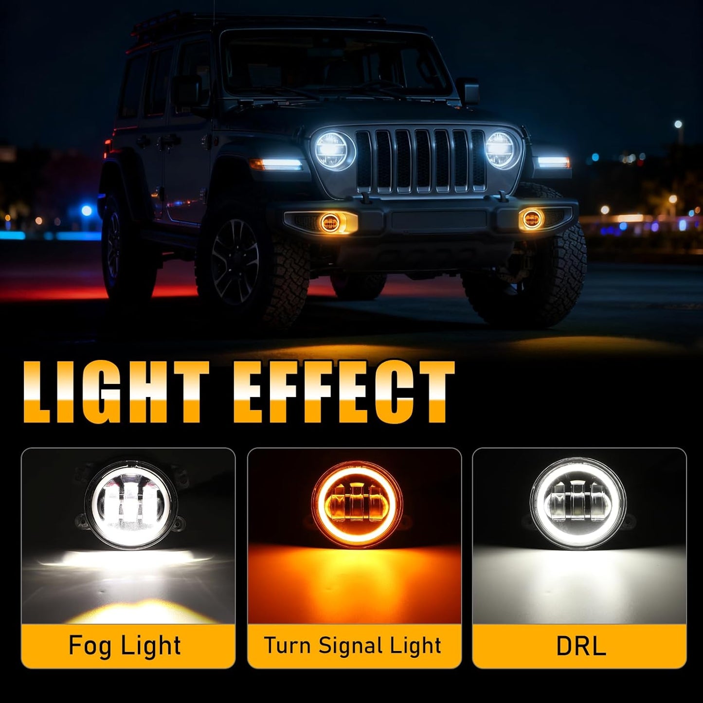 2PCS LED Fog Lights for 2018-2025 Jeep JL & JT - White DRL & Amber Halo, Plug & Play