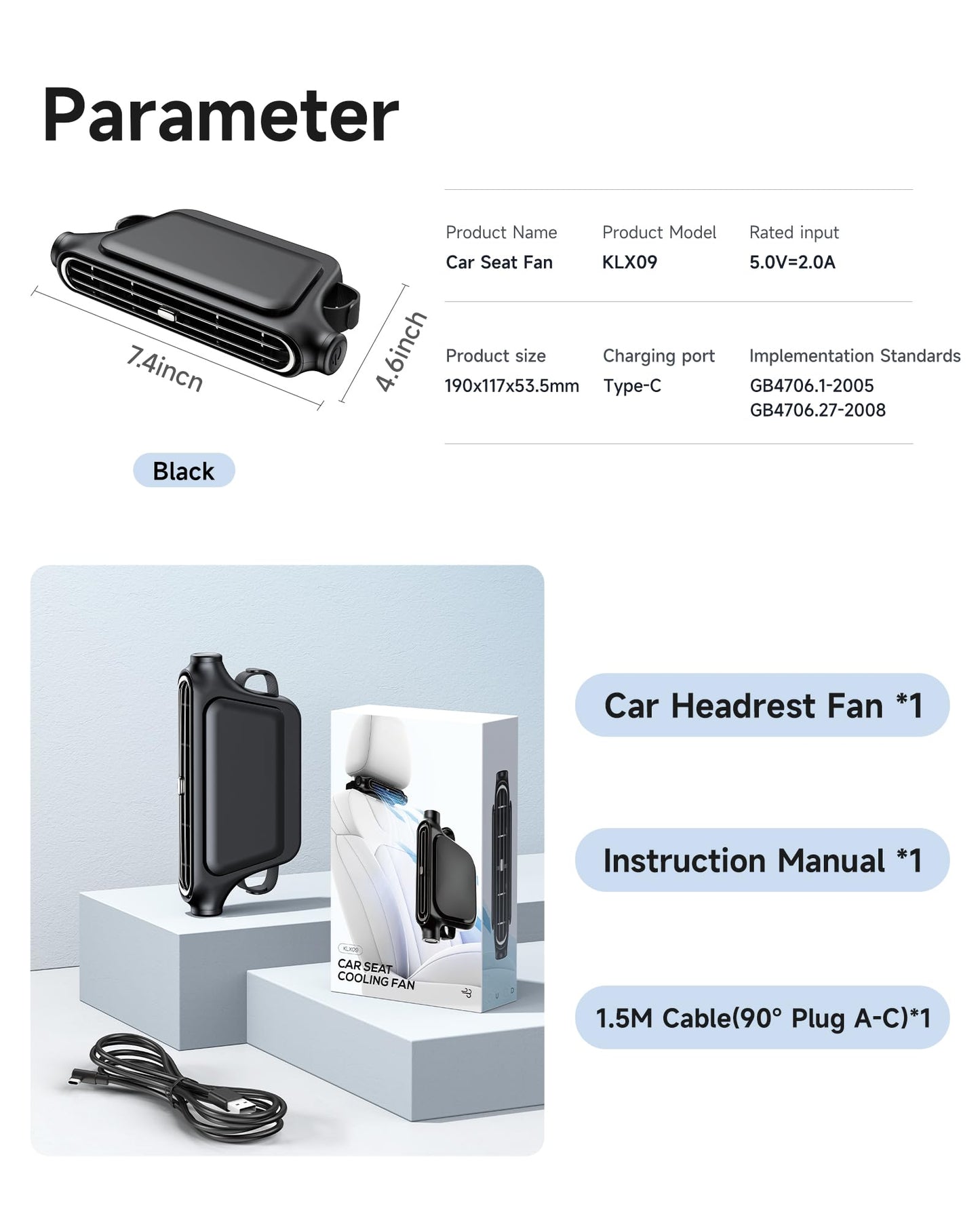Car Headrest Cooling Fan, USB, 3 Speeds, for Most Vehicles