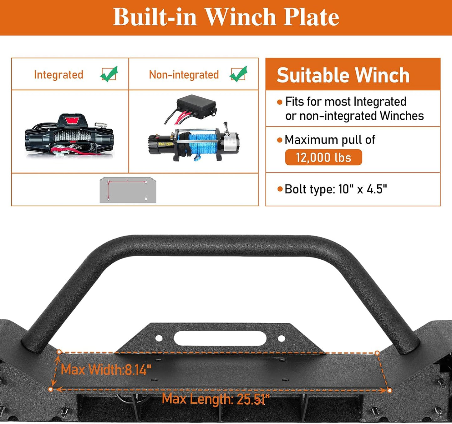 Hooke Road Sturdy Front Bumper for Jeep Gladiator JT (2020-2025) & Wrangler JK JL (2007-2025), Offroad Steel Bumper with Bright Lights D-rings and Built-in Winch Plate