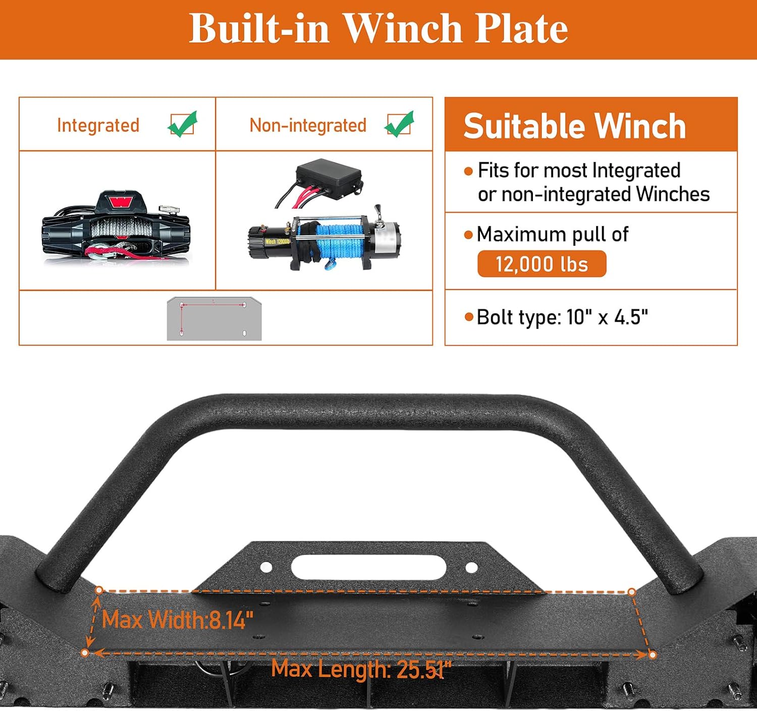 Hooke Road Sturdy Front Bumper for Jeep Gladiator JT (2020-2025) & Wrangler JK JL (2007-2025), Offroad Steel Bumper with Bright Lights D-rings and Built-in Winch Plate