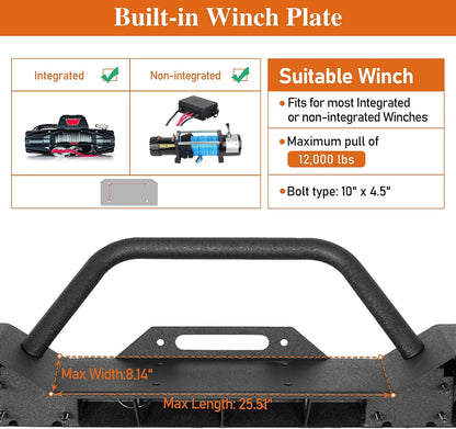 Hooke Road Sturdy Front Bumper for Jeep Gladiator JT (2020-2025) & Wrangler JK JL (2007-2025), Offroad Steel Bumper with Bright Lights D-rings and Built-in Winch Plate