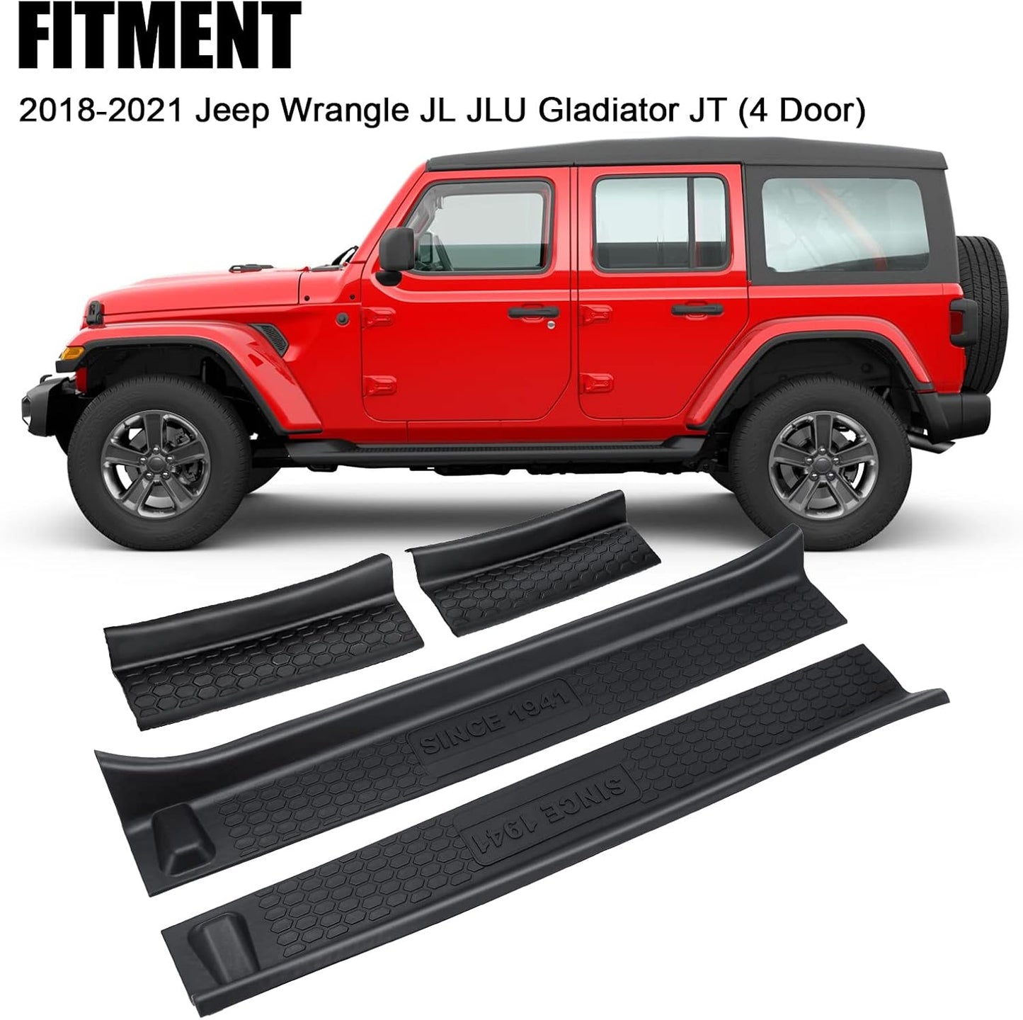 4-PCS Door Sill Guards with Logo for 2018-2025 Jeep Wrangler JL & Gladiator (Black)