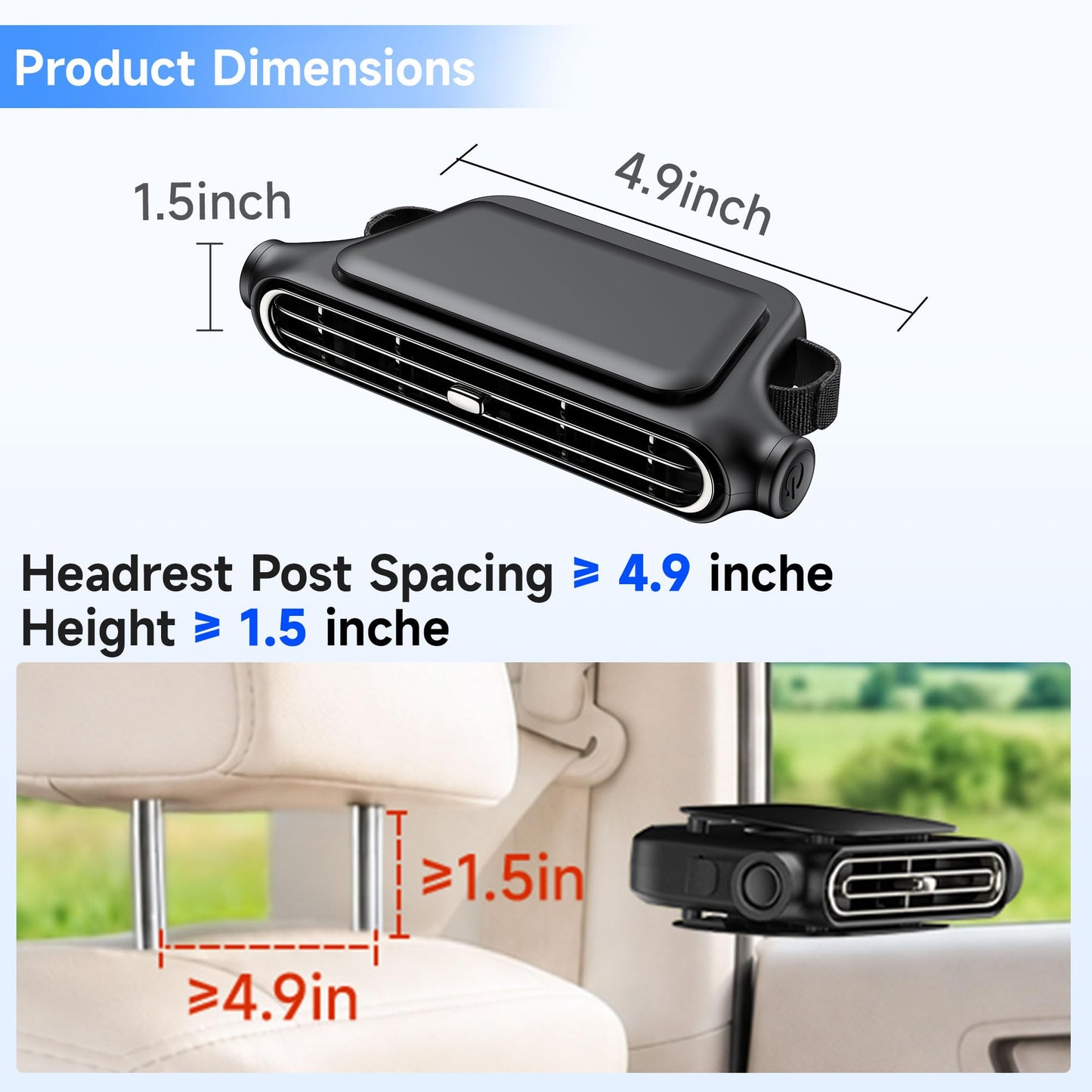 Invisible Car Headrest Cooling Fan with 3 Speeds for Car Backseat