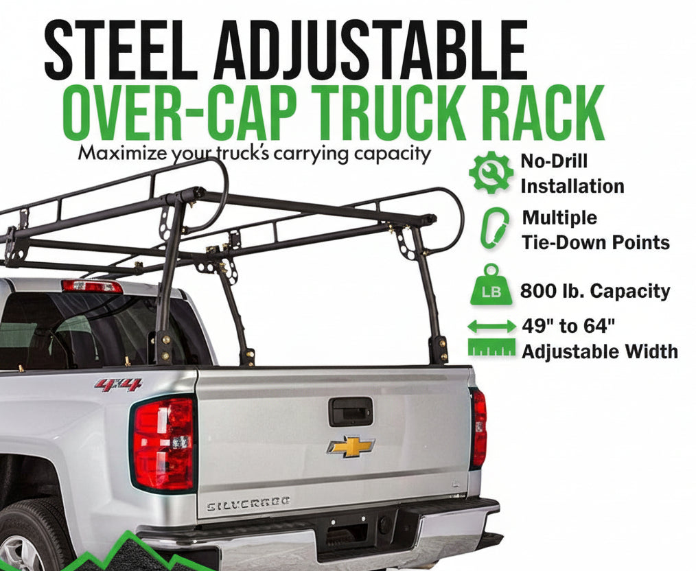 Over-Cab Truck Rack - 800 lb Capacity, Adjustable 49"-64", No-Drill Clamp-On Steel