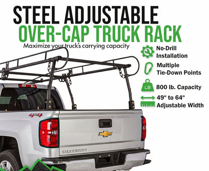 Over-Cab Truck Rack - 800 lb Capacity, Adjustable 49"-64", No-Drill Clamp-On Steel