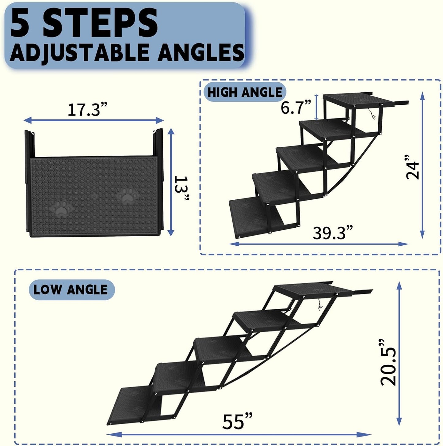 5-Step Dog Car Stairs - Upgraded Load Capacity for Large Dogs, Sturdy Portable Design