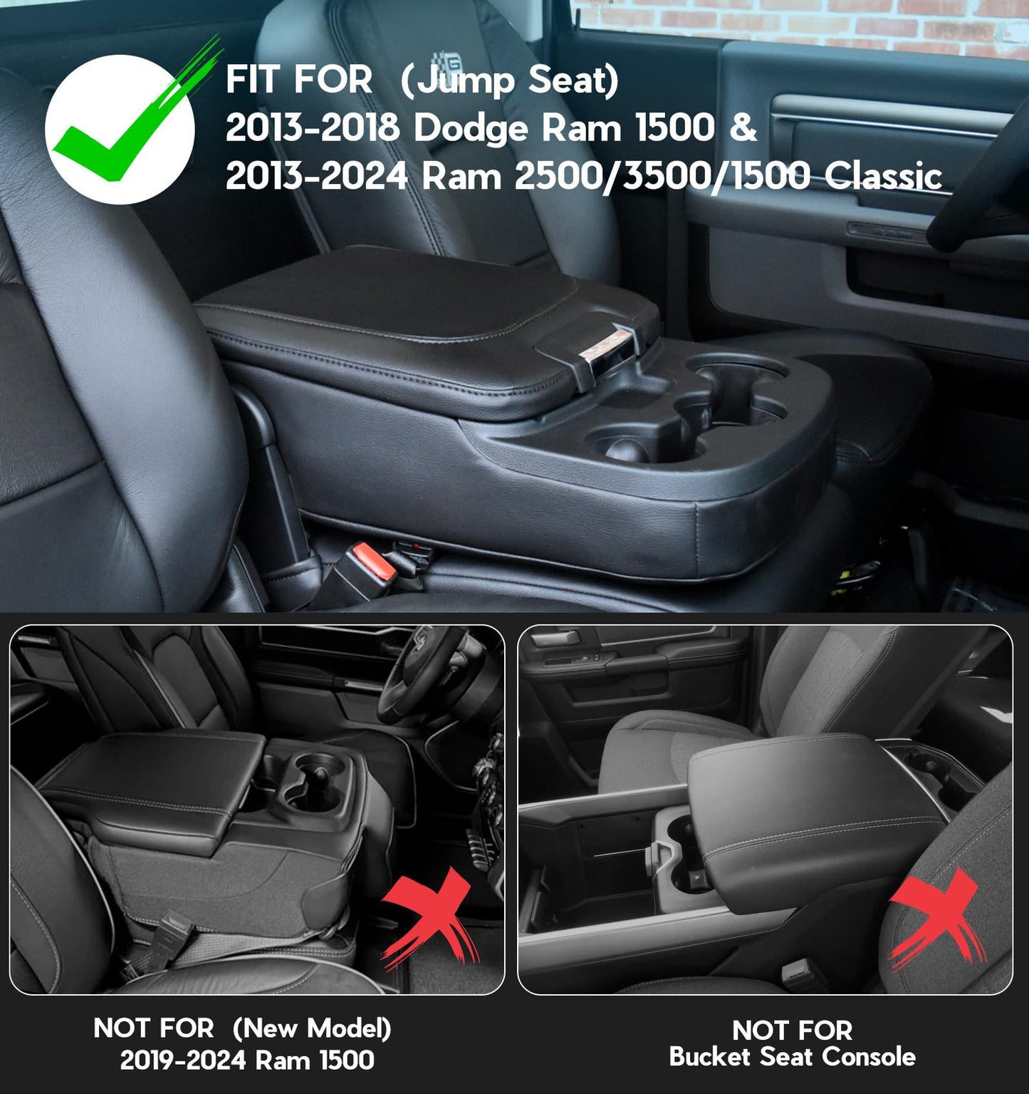PU Leather Center Console Cover for 2013-2018 Ram 1500 & 2013-2024 Ram 2500/3500/1500 Classic (Jump Seat Only) - Hidden Pockets