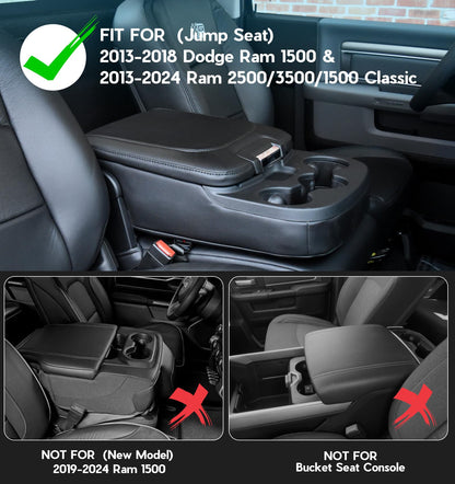 PU Leather Center Console Cover for 2013-2018 Ram 1500 & 2013-2024 Ram 2500/3500/1500 Classic (Jump Seat Only) - Hidden Pockets