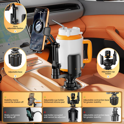 2-in-1 Cup Holder Phone Mount with Expander - Adjustable Arm/360° Rotation for 4-7" Phones & 5.31" Bottles