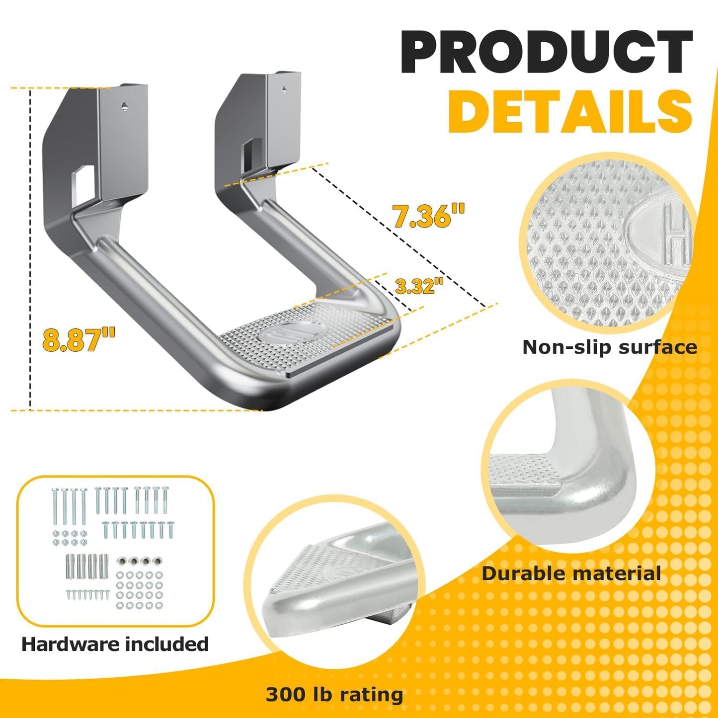Electrophoresis Black Aluminum Side Steps - 300 lb Capacity, Universal for Chevy/Ford/Toyota/GMC/Dodge/Jeep