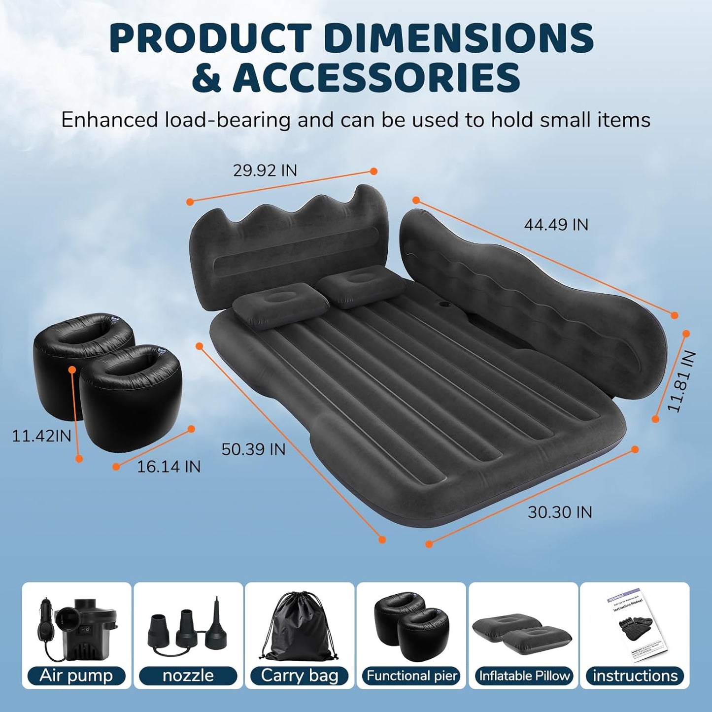 Inflatable SUV Air Mattress with Pump & Pillows - Foldable Travel Bed for Back Seat