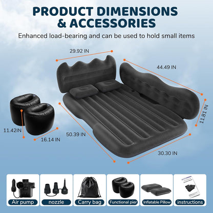 Inflatable SUV Air Mattress with Pump & Pillows - Foldable Travel Bed for Back Seat