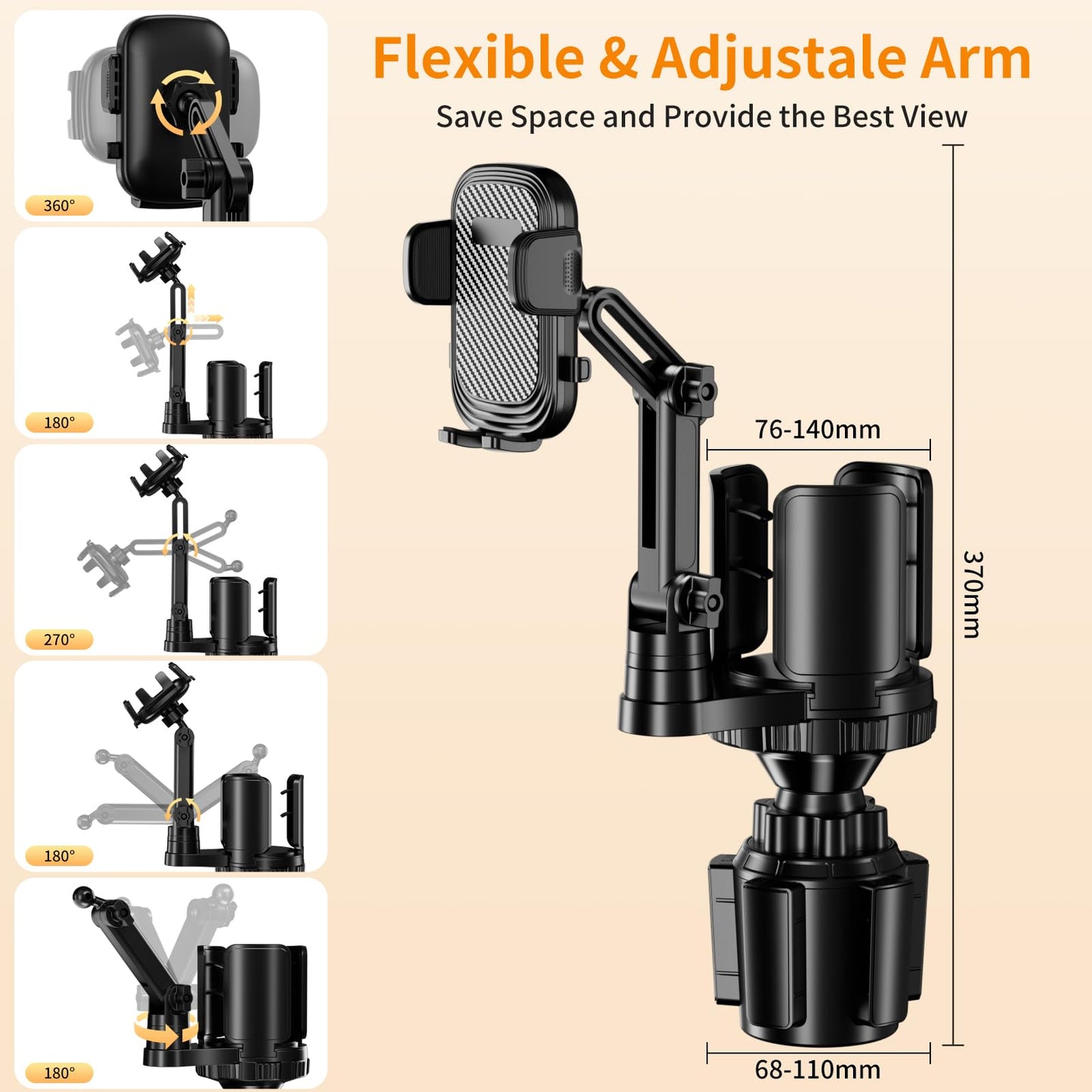 2-in-1 Cup Holder Phone Mount with Expander - Adjustable Arm/360° Rotation for 4-7" Phones & 5.31" Bottles