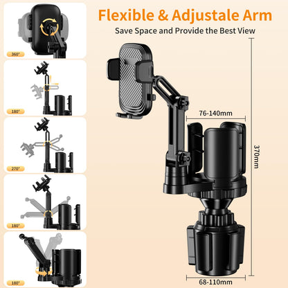 2-in-1 Cup Holder Phone Mount with Expander - Adjustable Arm/360° Rotation for 4-7" Phones & 5.31" Bottles