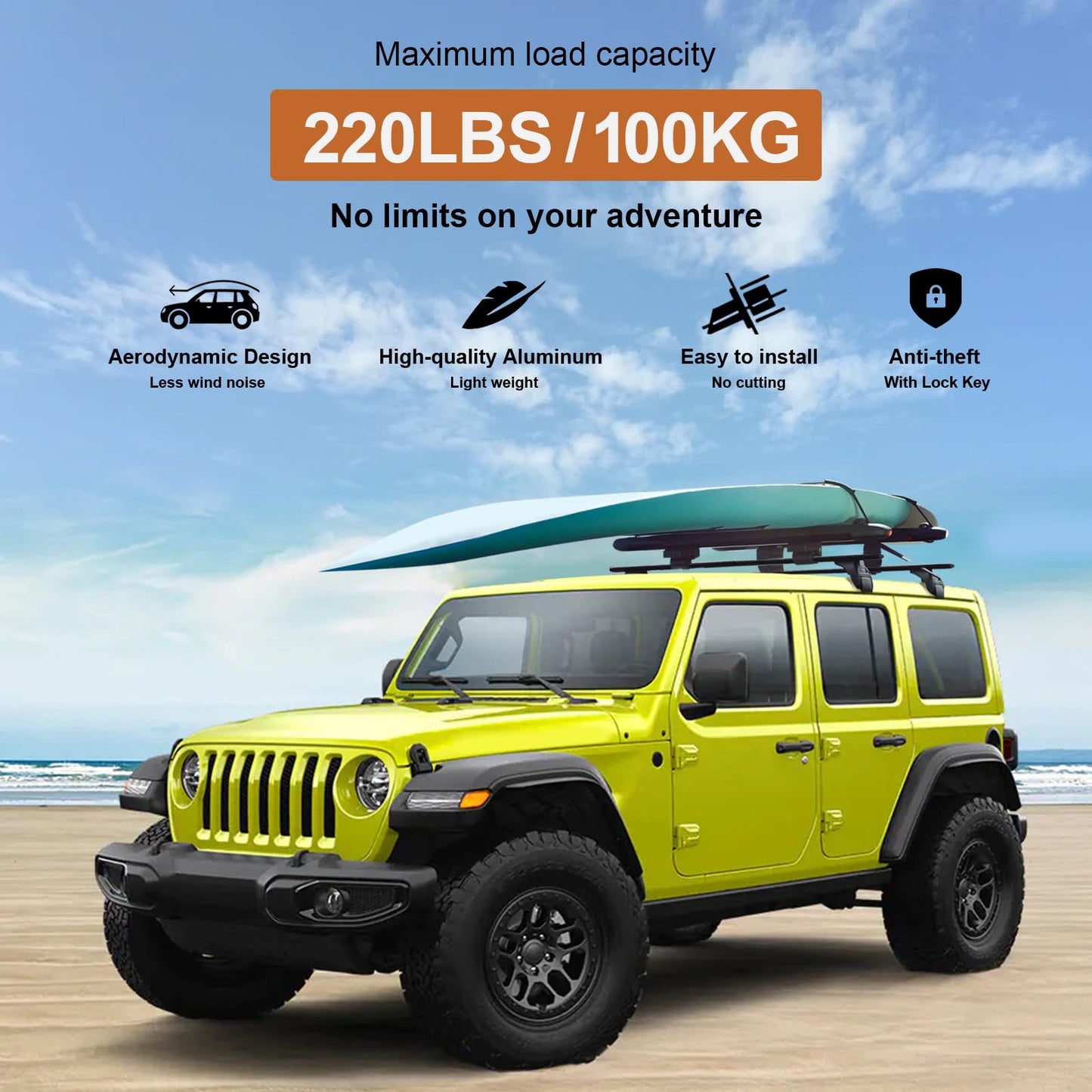 220 lb Roof Rack Cross Bars for 2007-2026 Jeep Wrangler & Gladiator - Anti-Theft Lock, Aluminum