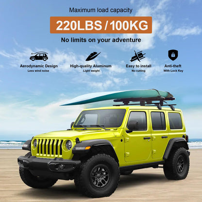 220 lb Roof Rack Cross Bars for 2007-2026 Jeep Wrangler & Gladiator - Anti-Theft Lock, Aluminum