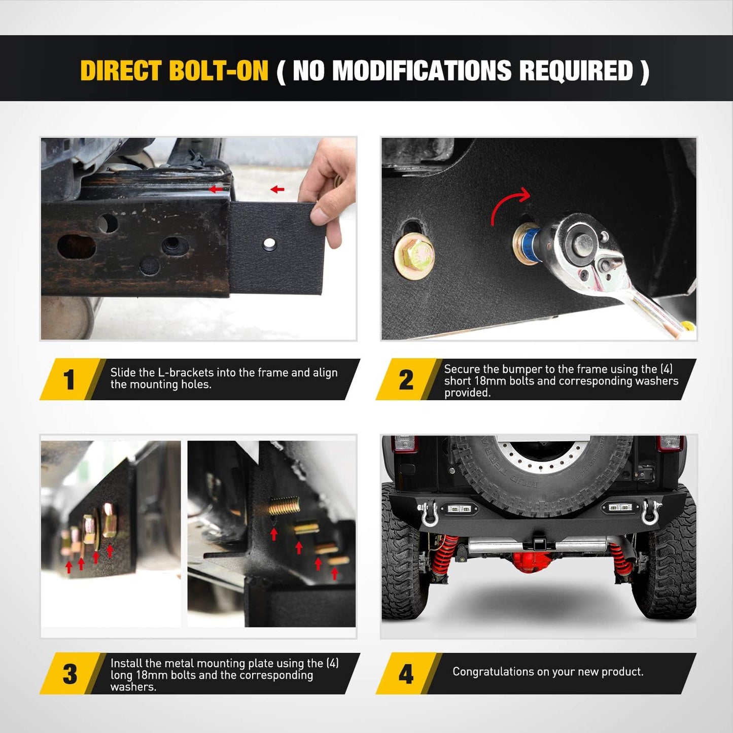 Nilight - JK-52A Rear Bumper Compatible for 2007-2018 Wrangler JK,Rock Crawler Bumper with Hitch Receiver & 2X Upgraded 18W LED Lights Off Road Textured Black