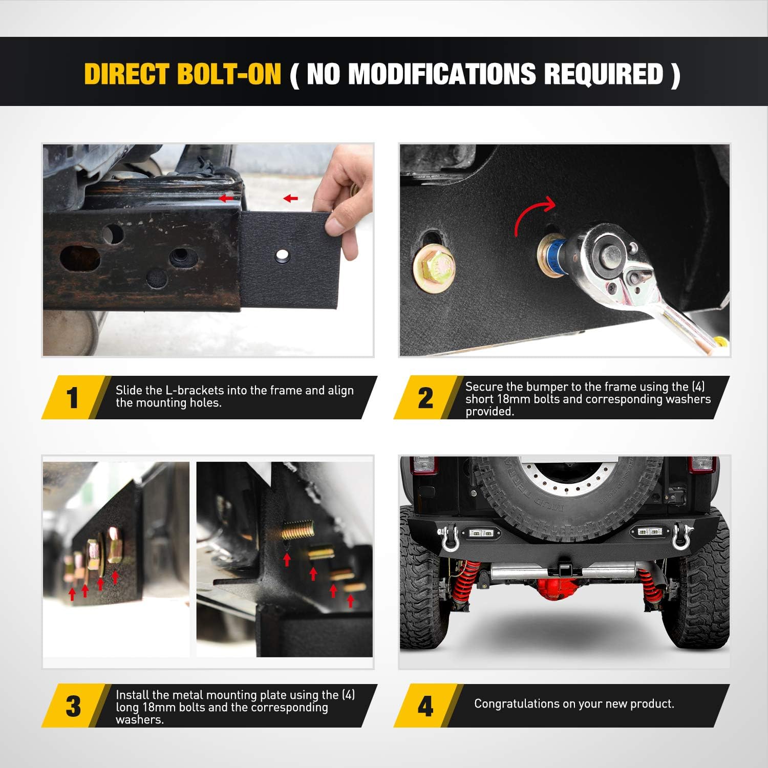 Nilight - JK-52A Rear Bumper Compatible for 2007-2018 Wrangler JK,Rock Crawler Bumper with Hitch Receiver & 2X Upgraded 18W LED Lights Off Road Textured Black