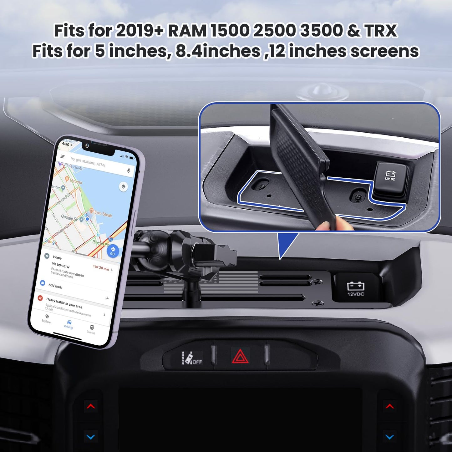 Steel Phone Mount for 2019+ Ram 1500/2500/3500/TRX - Dual Head Magnetic & Clamp, USA Flag Design, OEM Dash Screw Mount