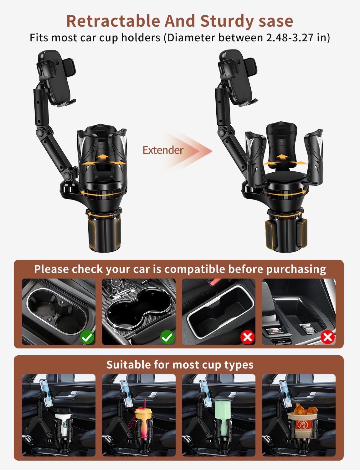 Adjustable Car Cup Holder Expander with Rubber Grip - Fits Up to 5.31" Drinks/Mugs, Universal Phone/Drink Holder
