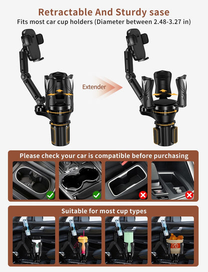 Adjustable Car Cup Holder Expander with Rubber Grip - Fits Up to 5.31" Drinks/Mugs, Universal Phone/Drink Holder