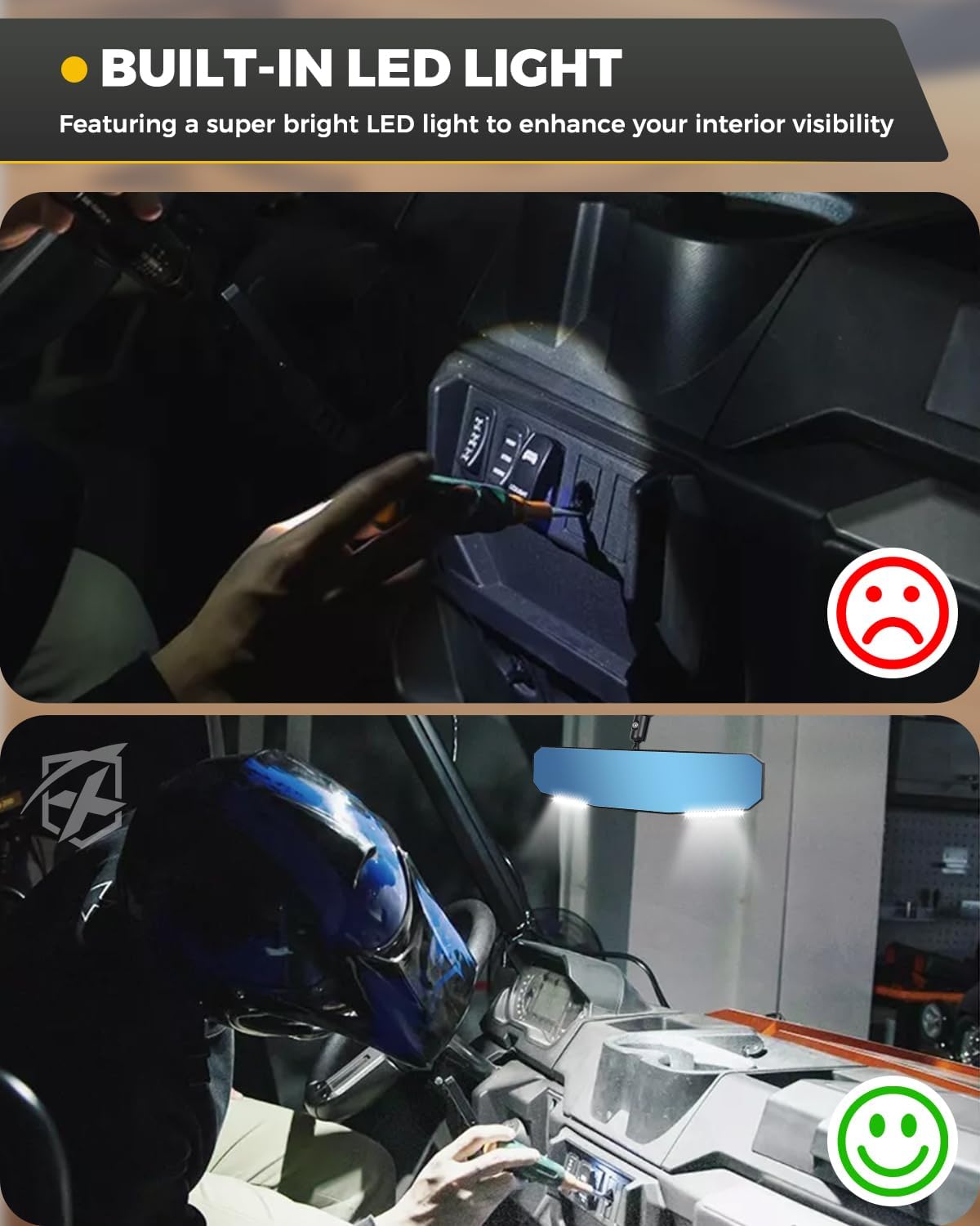 13" UTV Rear View Mirror, SXS UTV Center Mirror w/Interior Lights Adjustable Aluminum Clamp Fits 1.5"-2" Mount Compatible with Polaris Ranger/RZR/Pioneer/Talon/Teryx/Mule/Can Am X3/ CFMOTO