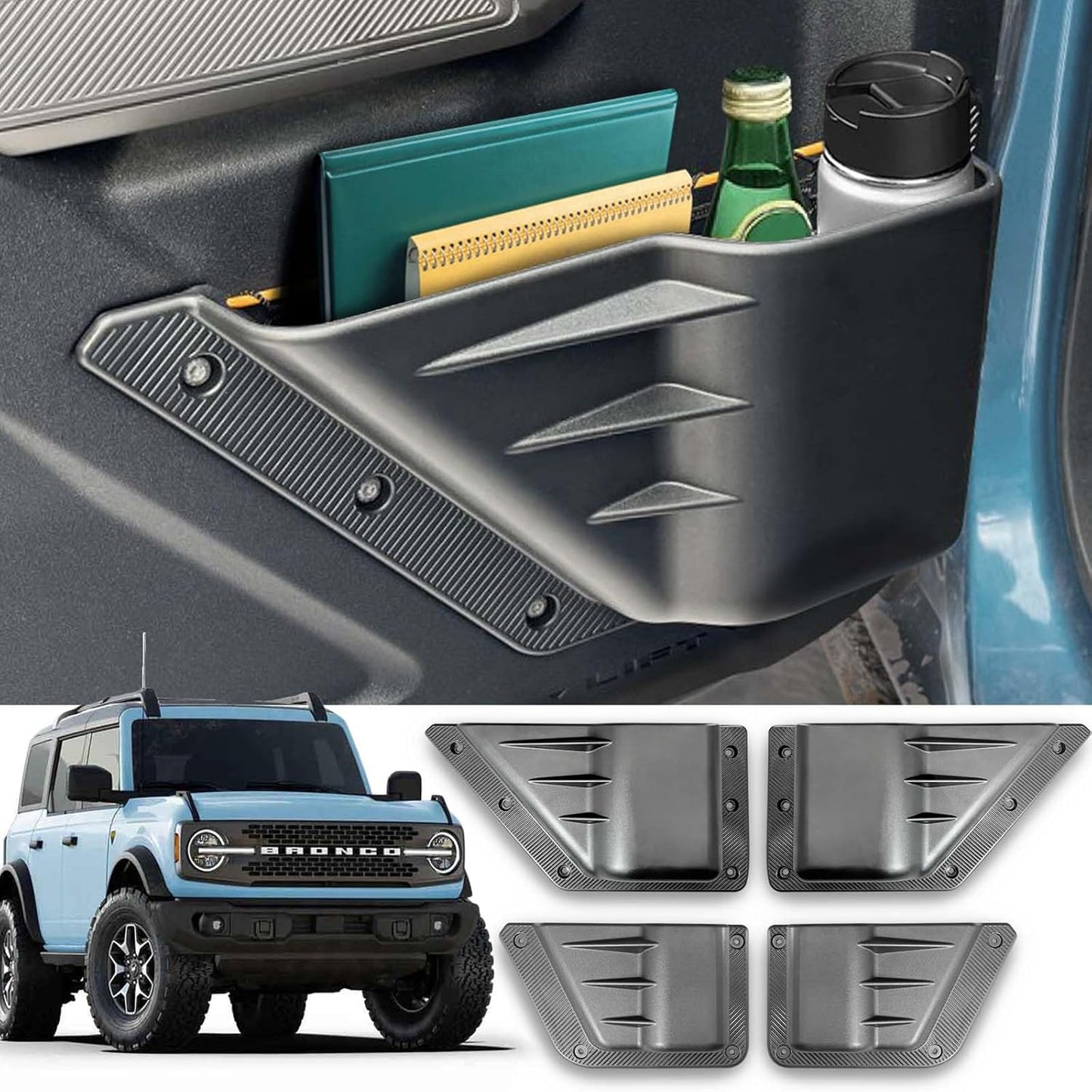 4-PCS Door Storage Pockets for 2021-2025 Ford Bronco 4-Door - Front & Rear Organizer with Cup Holder (Excludes Sport)