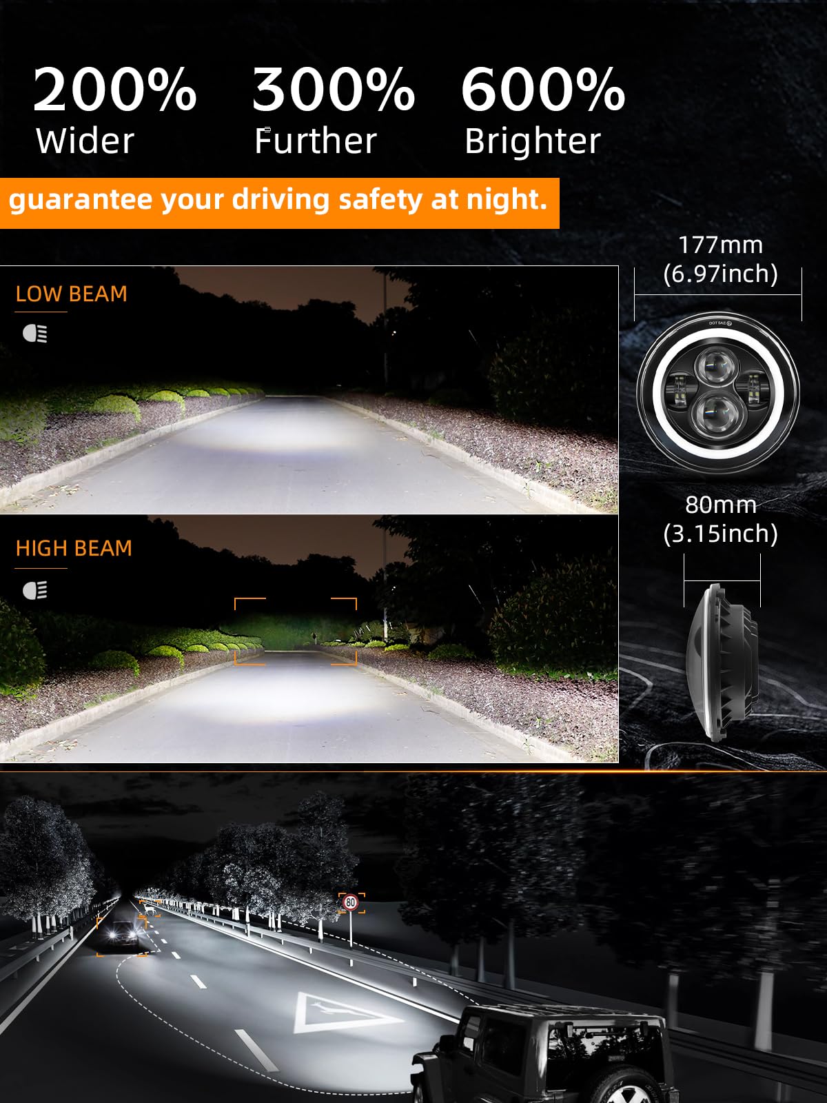 2PCS Black 7" LED Headlights - DOT Approved, H6024 Fit with DRL & Signals